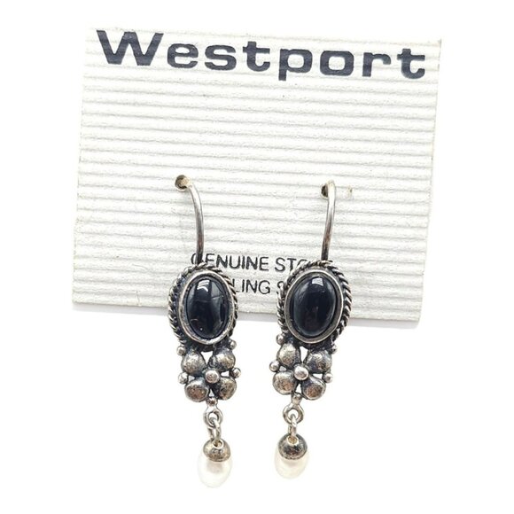 Westport 925 Sterling Silver Black Onyx Rice Pearl Dangle Drop Earrings Vintage - Picture 1 of 5